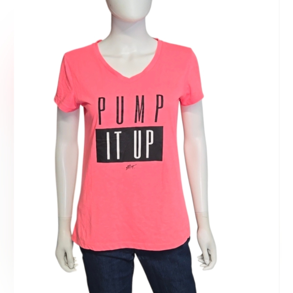 Betsey Johnson " Pump it up" Neon Pink Black White T-Shirt - Medium
